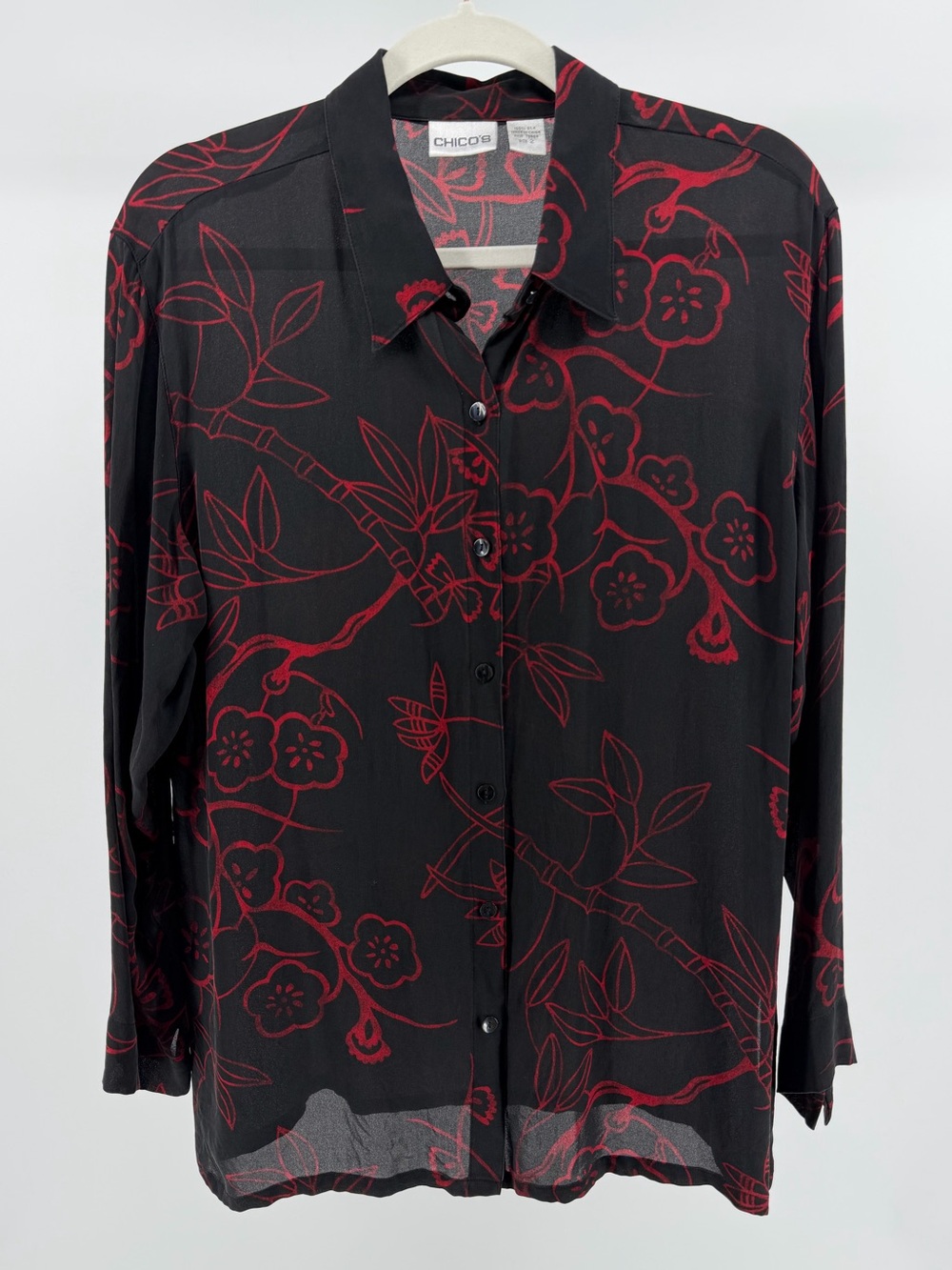 Vintage Chico's 100% Silk Black Red Floral Button-Down Blouse, Women's Large (2)